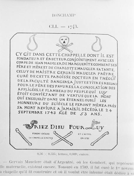 Plaque funéraire de Gervais Maucler et de trois membres de sa famille : relevé de l'inscription