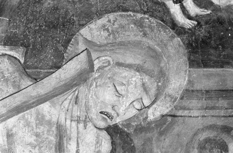 Peinture monumentale, mur sud, deuxième travée, premier registre : saint Sébastien bastonné à mort, visage du saint