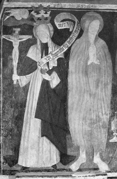 Peinture monumentale, mur est, premier registre : martyre de saint Sébastien, sainte Catherine de Sienne et la Vierge