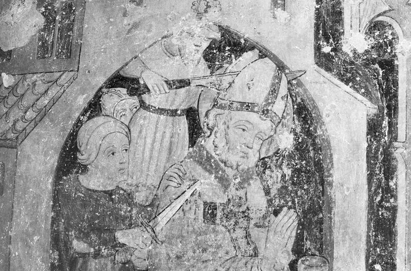 Peinture monumentale, troisième chapelle nord de la nef, mur est : le meurtre de saint Thomas Becket, assassins tranchant la tête du saint