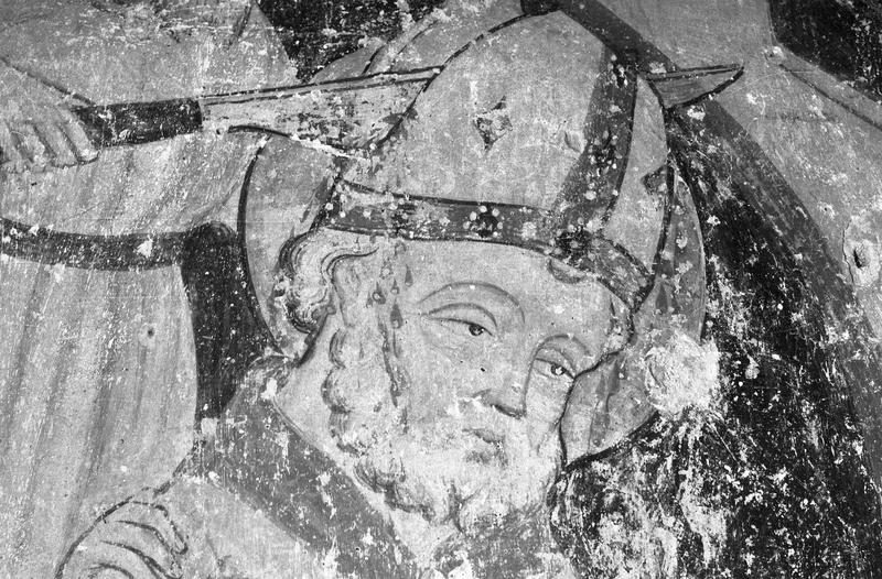 Peinture monumentale, troisième chapelle nord de la nef, mur est : le meurtre de saint Thomas Becket, visage du saint