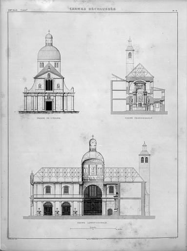 Elévation de la façade, coupe longitudinale, coupe transversale