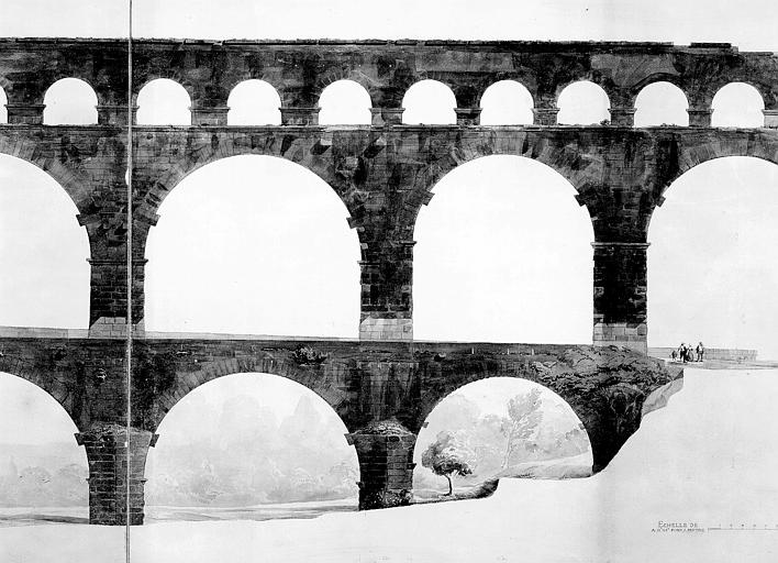 Aquarelle de la face occidentale, plan de la 8ème et 3ème arche