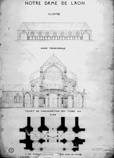 Plan, élévation du cloître, coupe transversale