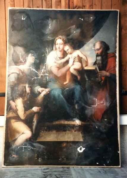 tableau : Vierge à l'Enfant présentée à un jeune personnage tenant un poisson par l'intermédiaire d'un ange devant saint Marc, vue générale