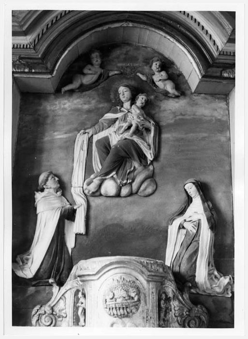 retable, bas-relief : la Vierge remettant le scapulaire à saint Simon Stock, tabernacle, gradins d'autel