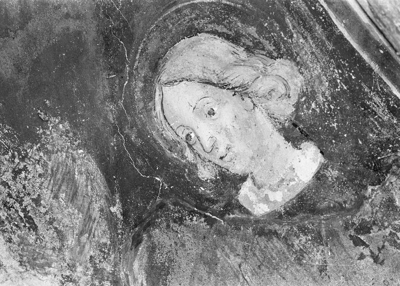 Peinture monumentale, chapelle latérale sud, voûtain est : détail du visage de saint Sébastien investi de son commandement