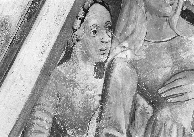 Peinture monumentale, chapelle latérale sud, voûtain sud : saint Sébastien visitant saint Marc et saint Marcellin, détail du visage d'une femme à gauche