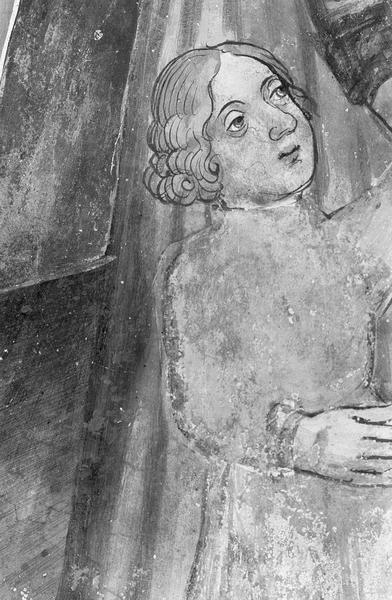 Peinture monumentale, chapelle latérale sud, voûtain sud : saint Sébastien visitant saint Marc et saint Marcellin, détail du visage d'un enfant à gauche