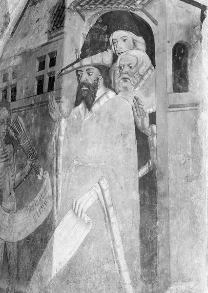 Peinture monumentale, chapelle latérale sud, mur sud : saint Sébastien reprochant ses persécutions à l'empereur Dioclétien