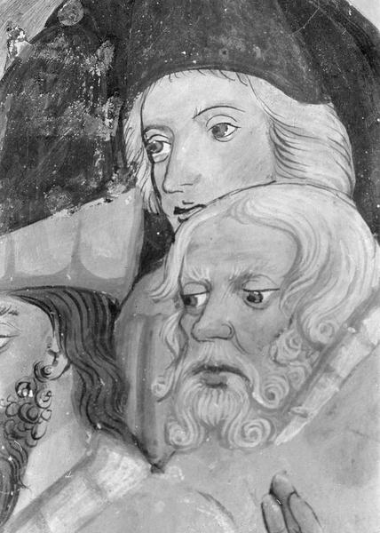 Peinture monumentale, chapelle latérale sud, mur sud : saint Sébastien reprochant ses persécutions à l'empereur Dioclétien, visages de deux personnages derrière Dioclétien