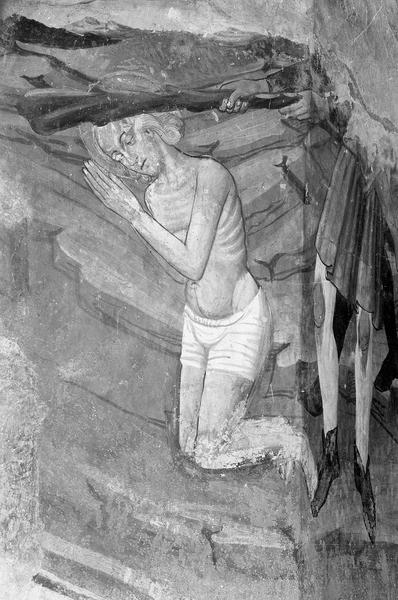 Peinture monumentale, chapelle latérale sud, mur sud : flagellation de saint Sébastien, saint Sébastien à genoux