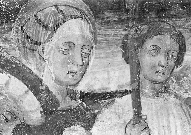 Peinture monumentale, chapelle latérale sud, mur ouest : ensevelissement de saint Sébastien, visages de sainte Lucine et d'un homme