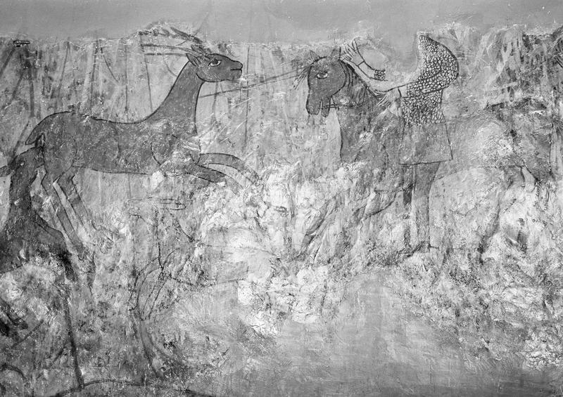 Peinture monumentale, abside de l'ancienne église romane : scène de chasse, cerf et cavalier