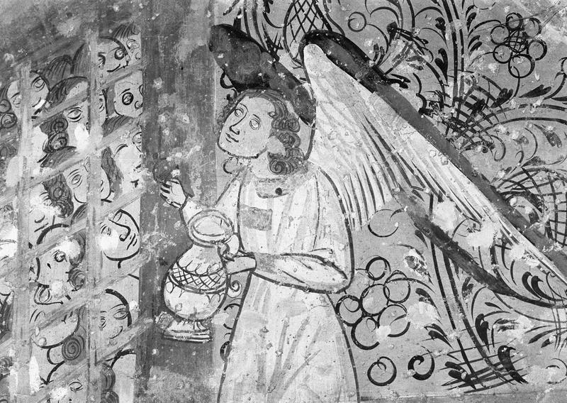 Peinture monumentale, mur ouest de la nef : détail du Purgatoire, ange (à droite) apportant pain et eau aux âmes du Purgatoire