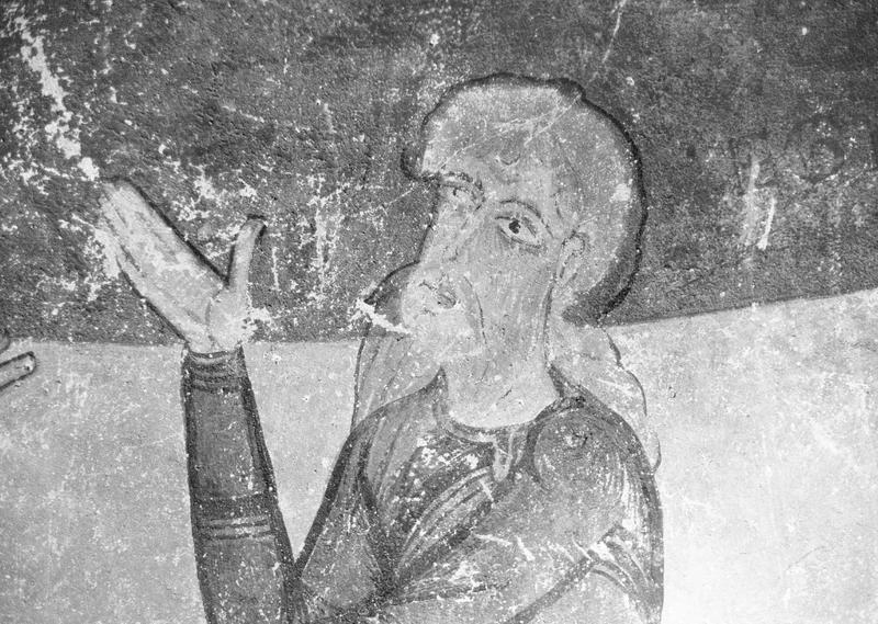 Peinture monumentale de la crypte, absidiole sud : scène de la vie de saint Gilles, détail du visage de l'homme guéri de la morsure d'un serpent par le saint