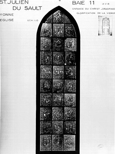 Enfance (supposé), Crucifixion, Glorification de la Vierge, panneau de vitrail, baie 11