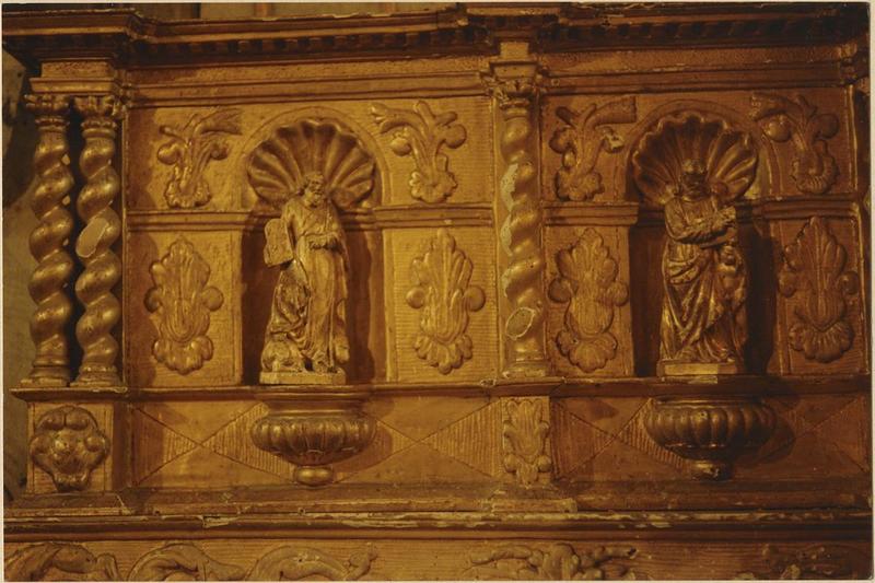 retable (maître-autel), détail de deux statuettes du tabernacle : saint Marc et saint Matthieu