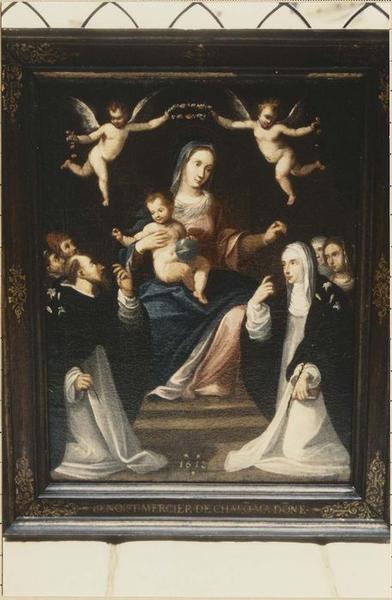 tableau, cadre : la Remise du Rosaire à saint Dominique et à sainte Catherine de Sienne, vue générale