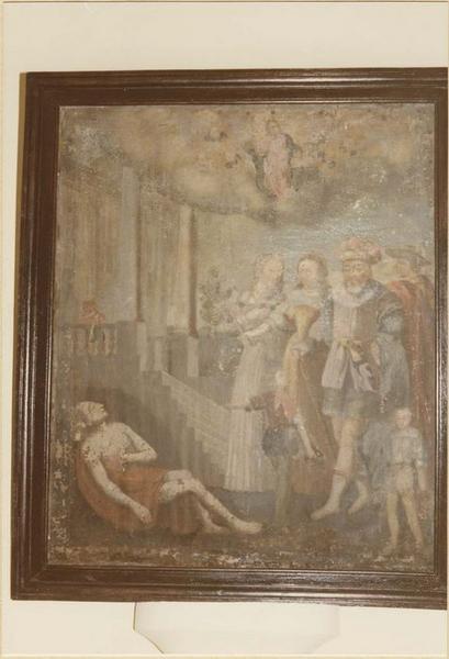 tableau : saint Alexis mendiant sous l'escalier de son palais reconnu par sa famille, vue générale