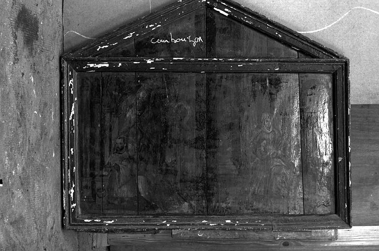 Saint Claude et donateur, Education de la Vierge, triptyque en bois peint, face externe des deux volets :