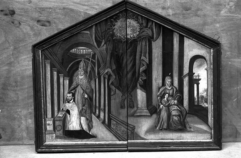 Saint Claude et donateur, Education de la Vierge, triptyque en bois peint, face externe des volets