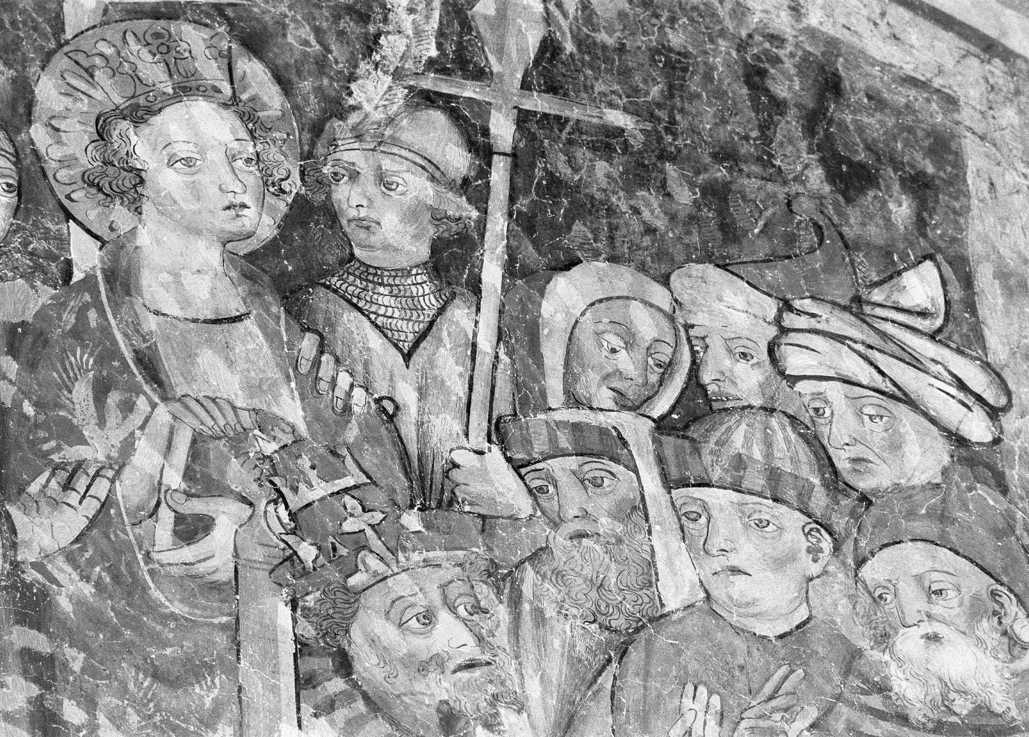 Peinture murale du mur nord de la première chapelle ouest, Sainte-Catherine, deuxième scène, détail