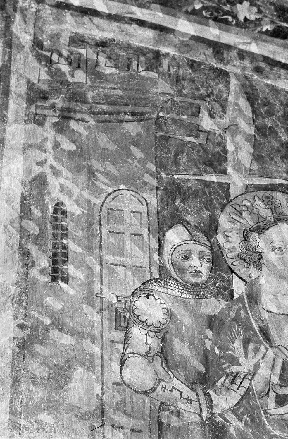 Peinture murale du mur nord de la première chapelle ouest, Sainte-Catherine, deuxième scène, détail