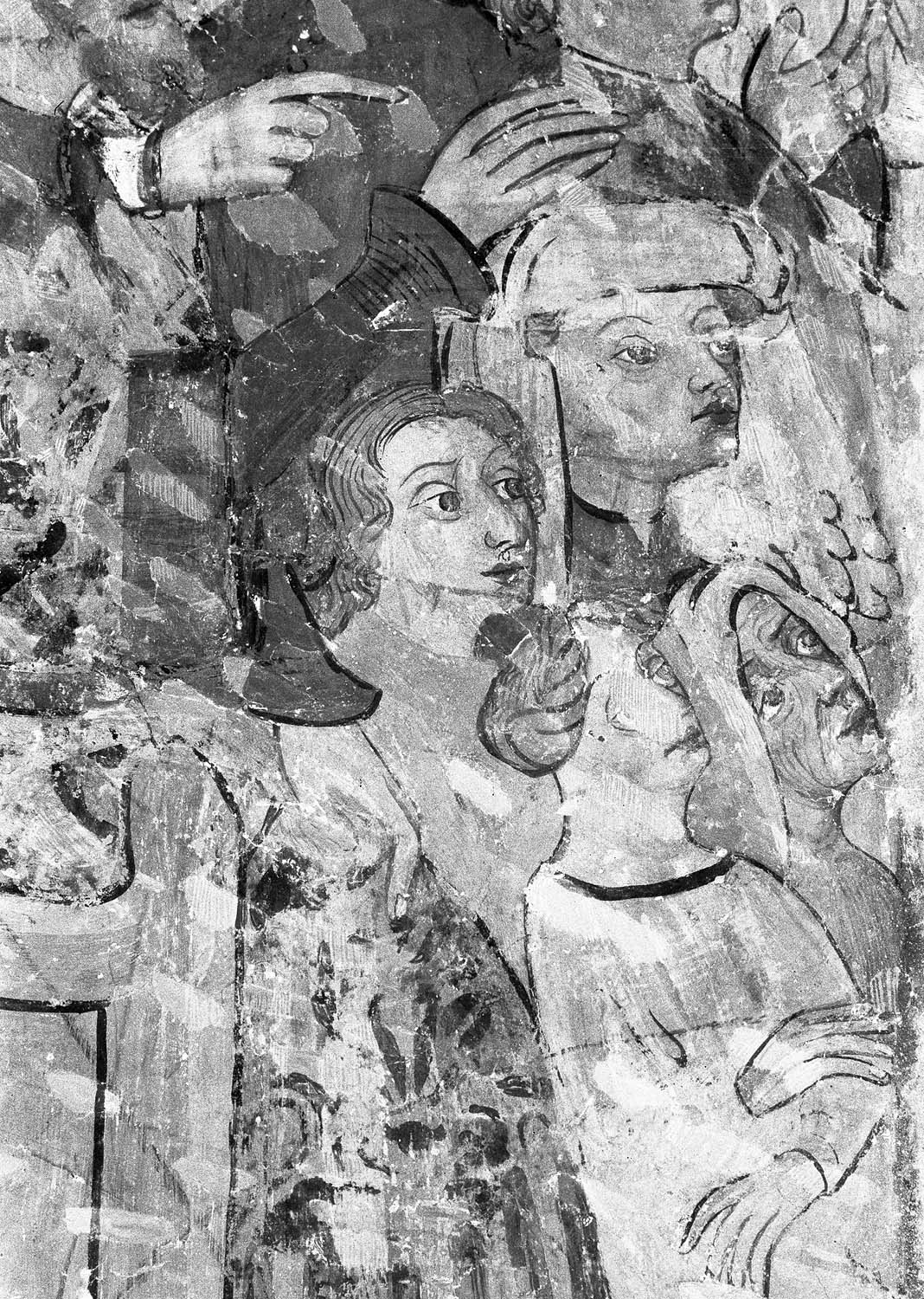 Peinture murale du mur nord de la première chapelle ouest, Sainte-Catherine, troisième scène, détail