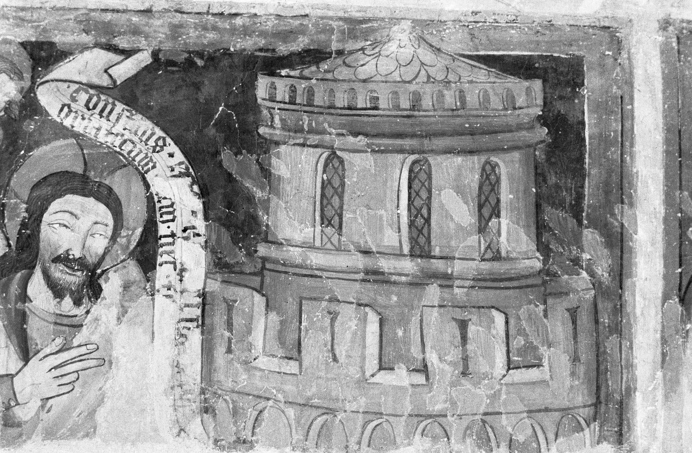 Peinture murale du mur nord de la première chapelle ouest, Sainte-Catherine, fragment des scènes inférieures