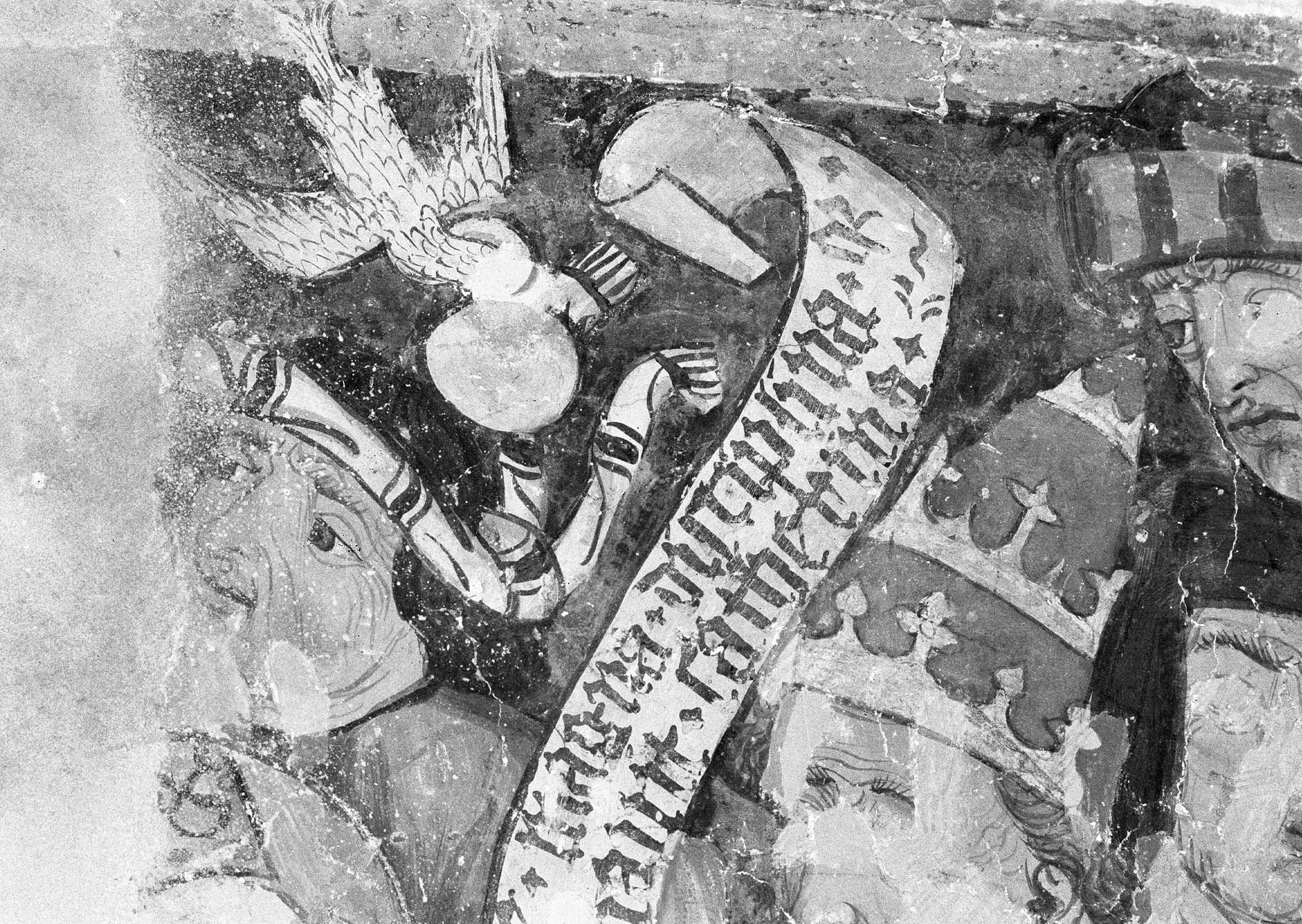 Peinture murale du mur nord de la première chapelle ouest, Sainte-Catherine, fragment des scènes inférieures