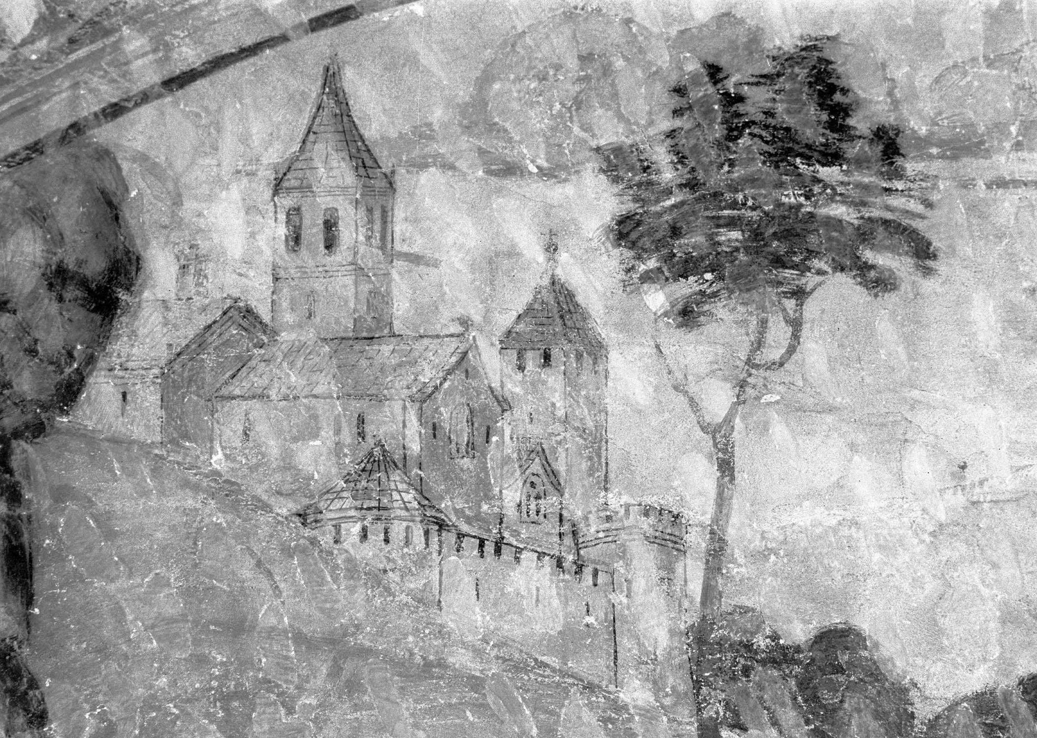 Peinture murale du mur nord, entrée de la deuxième chapelle paysage de la partie supérieure