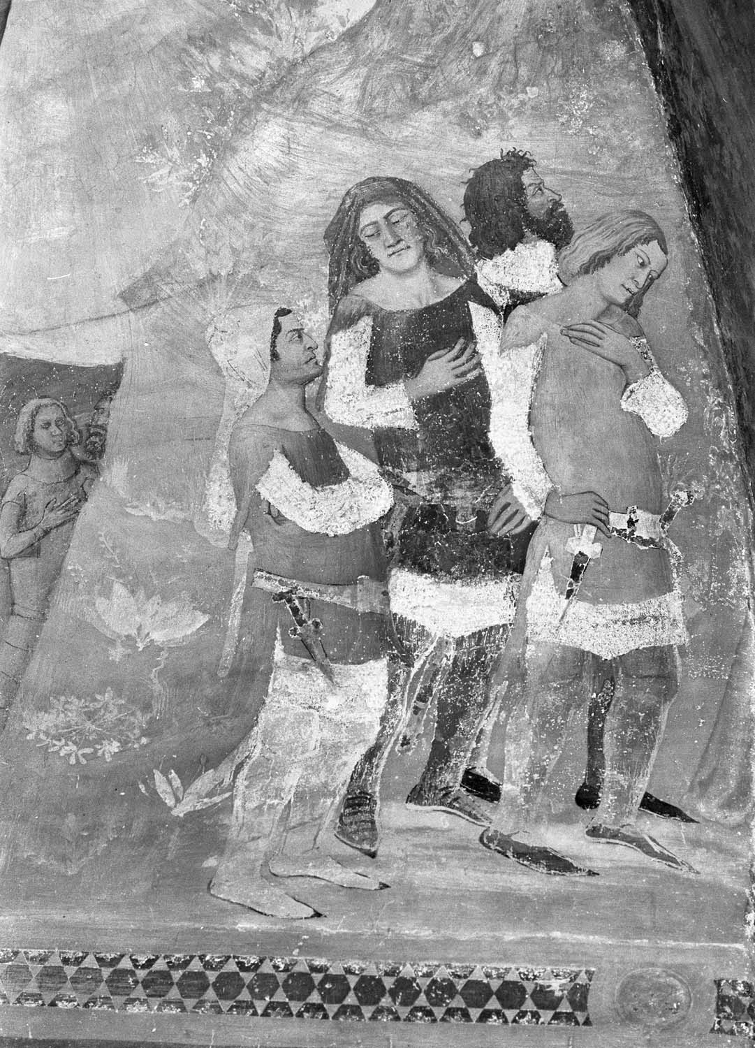 Peinture murale de la chapelle saint-Martial, paroi IV, ébrasement, partie droite, personnages assistant à la scène de Saint-Pierre et Saint-Etienne, détail