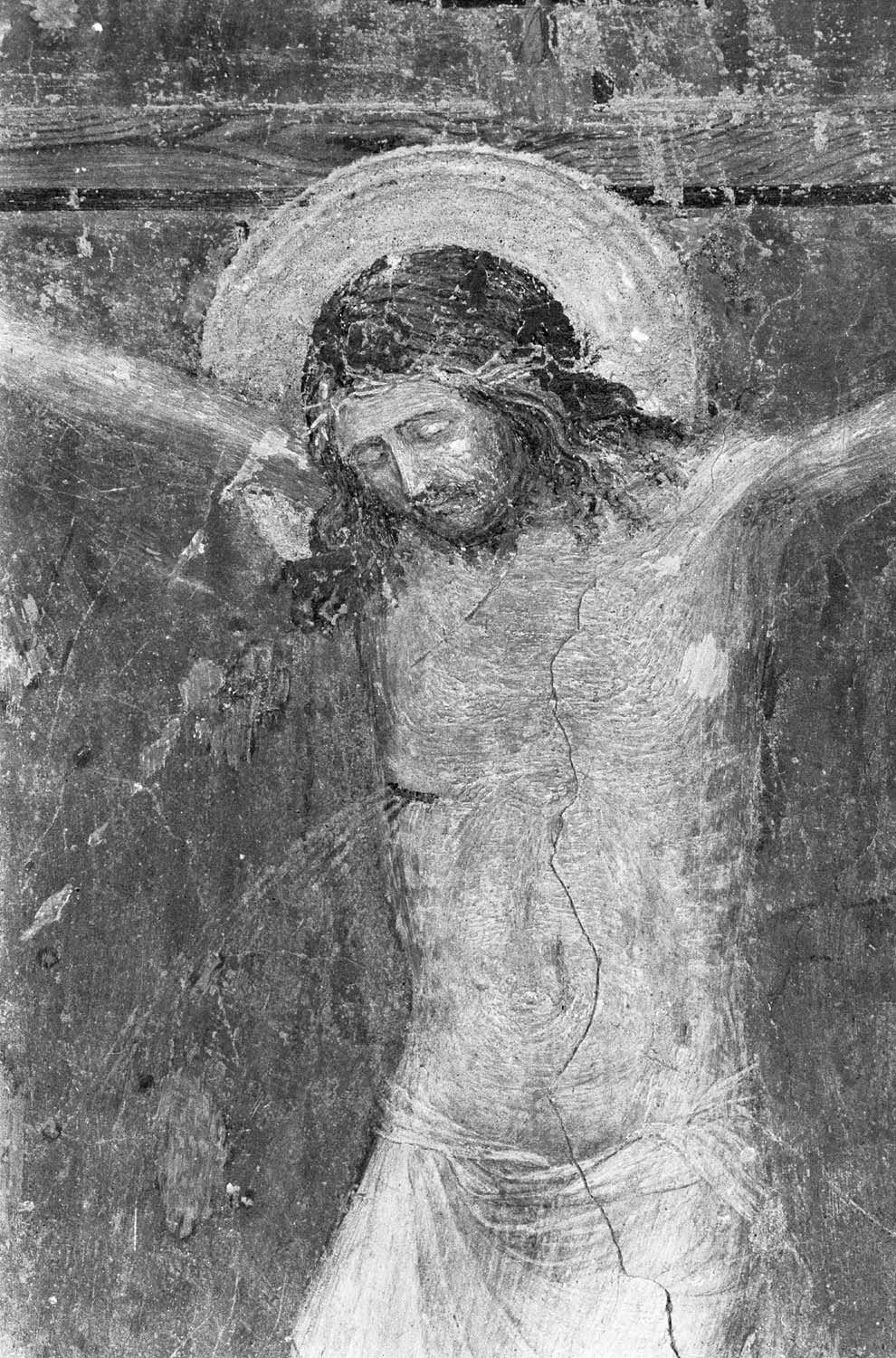 Peinture murale de la chapelle Saint-Martial, paroi III, sous fenêtre, Christ en croix