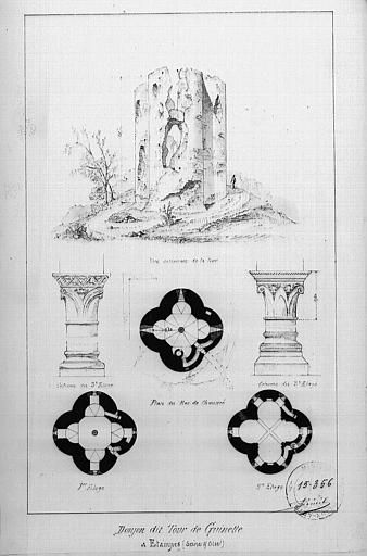 Croquis : Vue d'ensemble. plans des différents niveaux. Détails de chapiteaux