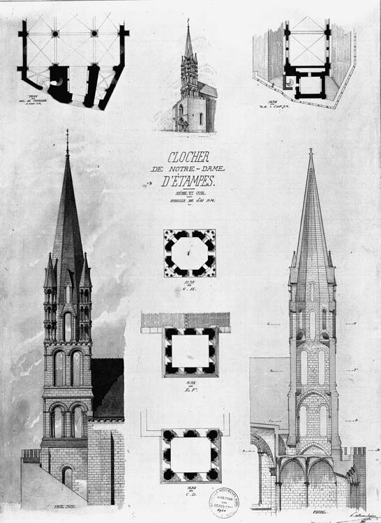 Clocher, plans, coupes et élévations