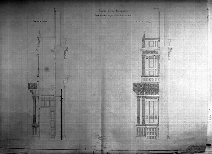 Projet de buffet d'orgue au-dessus de la grande porte : Coupe et élévation latérale