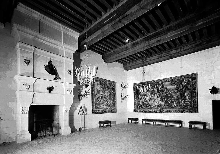 Salon Méléagre (2e étage du donjon) : Vue d'ensemble vers la grande cheminée