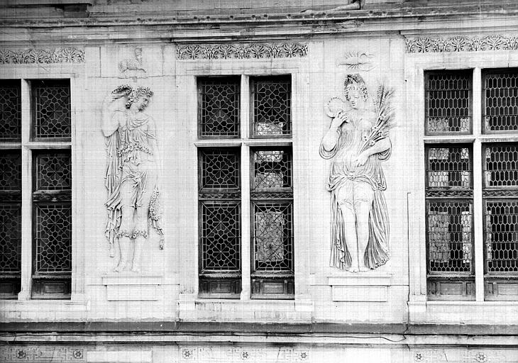 Extérieur du principal corps de logis, bas-relief sculptures des quatre saisons avec les signes du zodiaque : Printemps et Eté