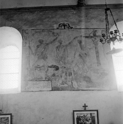 peintures monumentales : Le Dict des Trois Morts et des Trois Vifs, scène de gauche : Les trois Morts