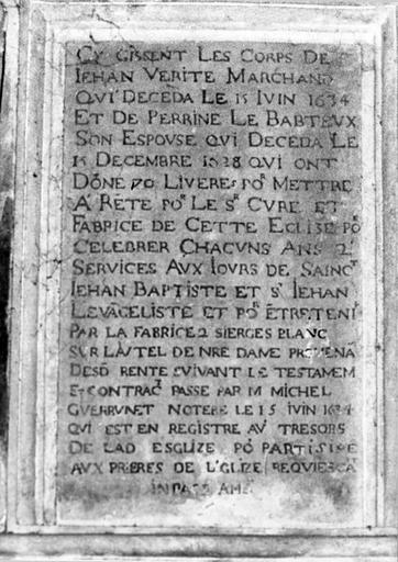 plaque (inscription) funéraire de Jehan Vérité, marchand, et de Perrine Le Babteux, son épouse - © Ministère de la Culture (France), Médiathèque du patrimoine et de la photographie (objets mobiliers), tous droits réservés