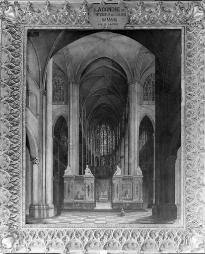 Tableau : intérieur de la cathédrale Saint-Julien avec vue du jubé de Mgr Grimaldi détruit au milieu du XIXe siècle, toile de Lagondie