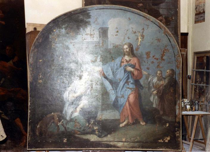 tableau : Jésus et la Chananéenne, en cours de restauration