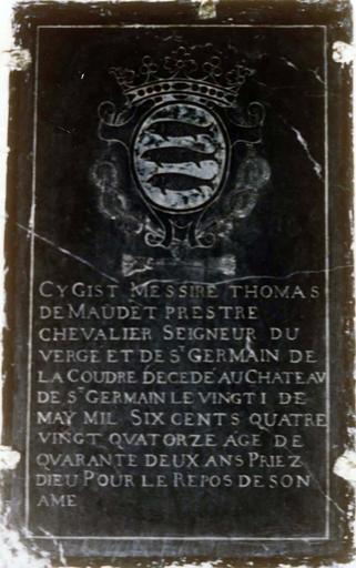 inscription plaque funéraire de Thomas de Maudet, seigneur du Verger et de Saint-Germain de la Coudre