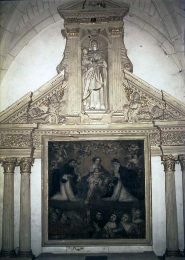 Retable, tableau : L'Institution du rosaire, statue : Vierge à l'Enfant