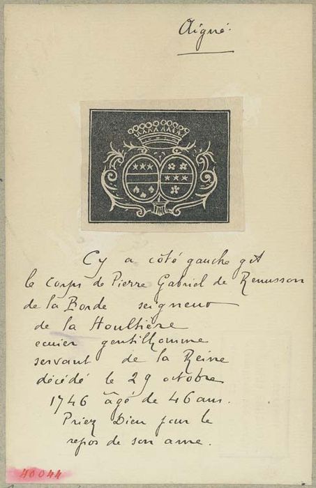 plaque funéraire de Pierre Gabriel de Rénusson de la Borde