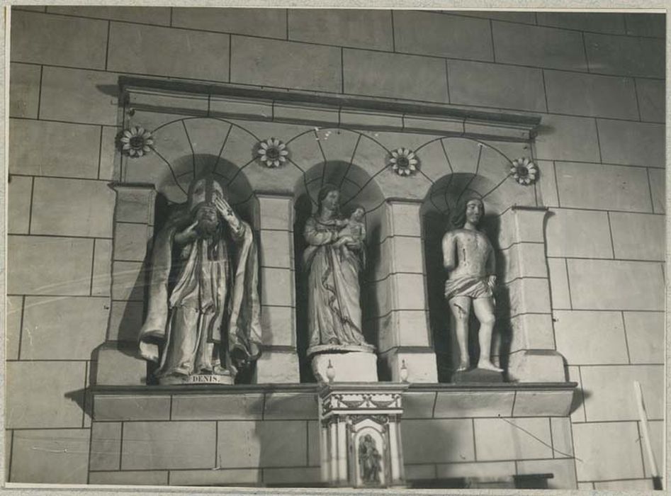 retable, statues : Vierge à l'Enfant, Saint Denis, Saint Sébastien