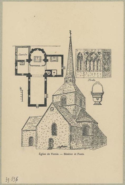 Église (plan et façade latérale sud), fonts baptismaux, bénitier