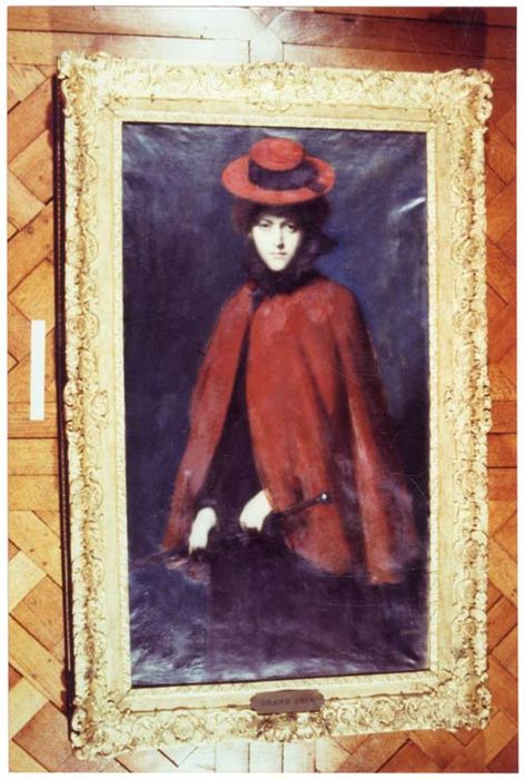 tableau : détail signature auteur, Portrait de Mademoiselle Madeleine Smith avec une pèlerine rouge