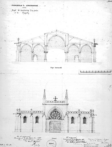 Projet de construction d'un porche et d'une chapelle : Coupe transversale et élévation